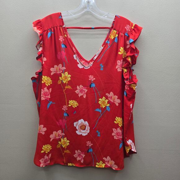 Loft Women's Lily Bar Back Poppy Floral Flutter Sleeve Top Summer Red Size XL - Picture 1 of 4